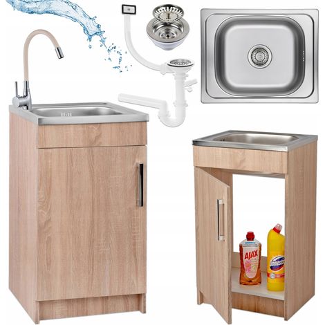 Meuble de cuisine Sonoma 50 Slim - Beige - Siphon flexible - Évier - Robinet de cuisine