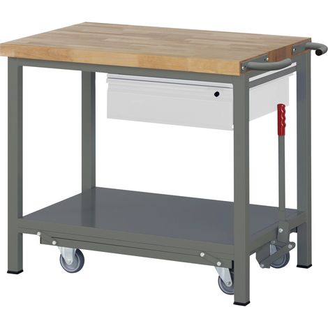 STIER Werkbank Premium, mit abs. Fahrgestell, 1 Schublade, 100x70x88cm, Stahl & Buche (1/5)