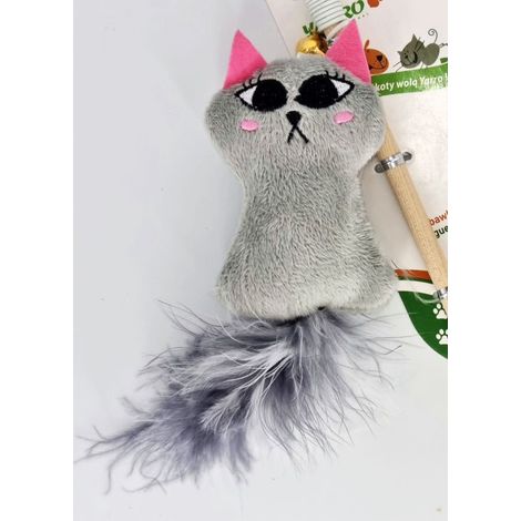 Yarro  Giocattolo per gatti  Canna da pesca con gatto di peluche e piume su elastico 35 cm - Canna da pesca con gatto di peluche e piume su elastico 35 cm (1/2)