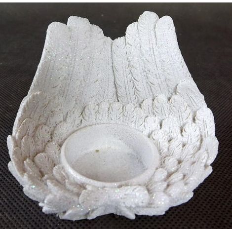 Teelichthalter mit weißen, irisierenden Flügeln aus Polyresin (1/2)
