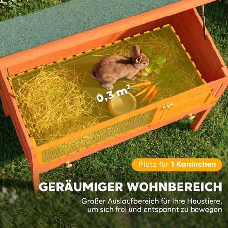 Kaninchenstall aus Holz auf Stelzen, mit klappbarem Bitumendach und ausziehbarer Schublade, 90x45x65 cm, orange. (1/5)