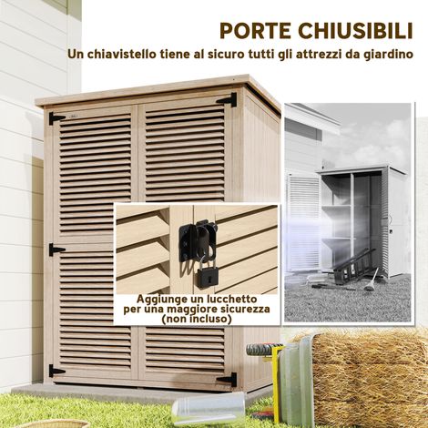 Armoire extérieure en bois de sapin, 2 tablettes avec piquets, dimensions 127x65x159.5/168 cm, rangement pour jardin.
