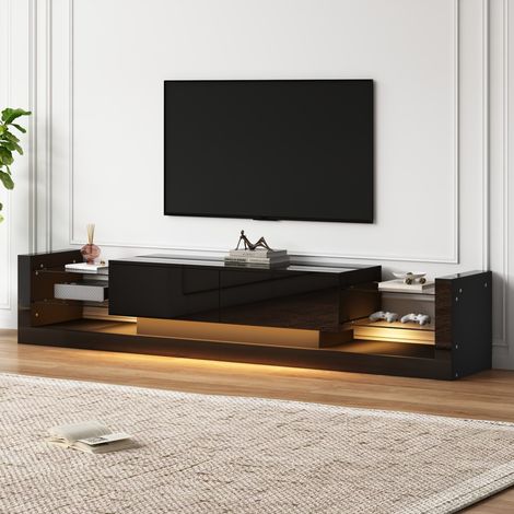 Meuble TV laqué LED - 181x38x38cm - Banc TV haute brillance avec façades en verre et 2 portes abattantes - Moderne - Noir (1/5)