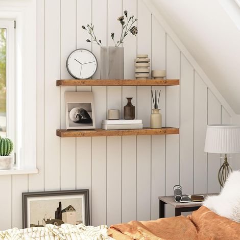 Wandregal, Schweberegal 2er-Set, stabile Wandboards, 80 x 20 x 3,8 cm Hängeregale, mit unsichtbaren Halterungen, für Bad, Schlafzimmer, Küche, Büro, Wohnzimmer, Vintagebraun EBF80BJP201,HOOBRO (1/5)