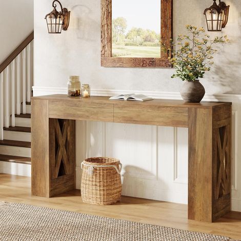 Tribesigns Mesa consola con cajones, mesa de entrada extra larga de 160 cm, mesa de pasillo de madera detrás del sofá, mesa auxiliar estrecha, mesa de sofá delgada para entrada, pasillo, sala de estar (1/5)