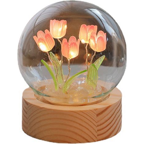 Tulpenförmige Nachttischlampe aus Glas und Holz, sanftes Dekolicht für Wohnzimmer, Büro und Schlafzimmer