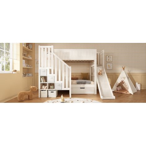 Lit superposé enfant 90×200 cm avec toboggan, placard à échelle, grands tiroirs & étagère ouverte, blanc, sommier à lattes, sécurité EN747-1:2024, idéal pour familles avec plusieurs enfants, sans mate (1/5)