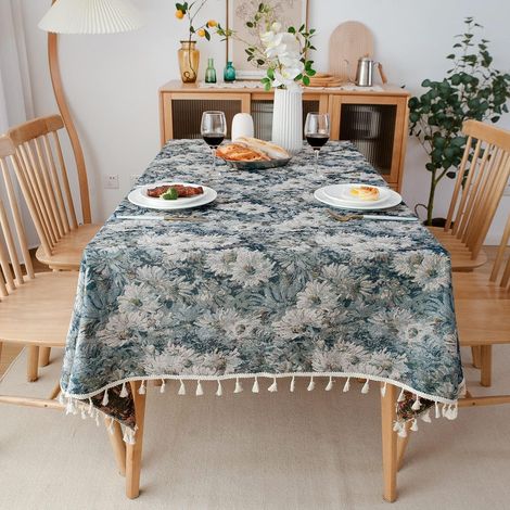 Mantel rectangular de estilo bohemio, con estampado floral azul vintage, borlas, antipolvo, lavable, para cocina y comedor (100 x 140 cm). (1/5)