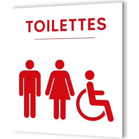Pictogramme WC Trio - Plaque de porte en Dibond blanc - Pictogrammes rouges - 20x20 cm, épaisseur 3 mm, fixation multiple (1/5)