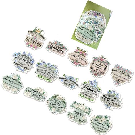 Set mit 45 Retro-Aufklebern, verschiedene Designs, langlebige Farben, DIY-Dekoration für Alben, Notizbücher, Notizen, floraler und Vintage-Stil. (1/5)