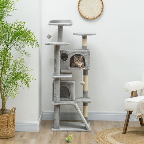 Katzenbaum, 138 cm hoch, Spielturm mit Kratzbaum, Plattformen und 2 Verstecken, 49 x 49 x 138 cm, hellgrau