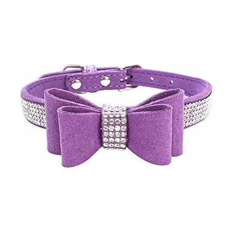 Collier pour petit chien avec nœud en strass et strass - Violet foncé - Taille XS (1/3)