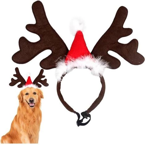 Serre-tête en bois de renne de Noël pour chien Serre-tête en bois de cerf avec chapeau de Père Noël, accessoire multi-usage (1/4)