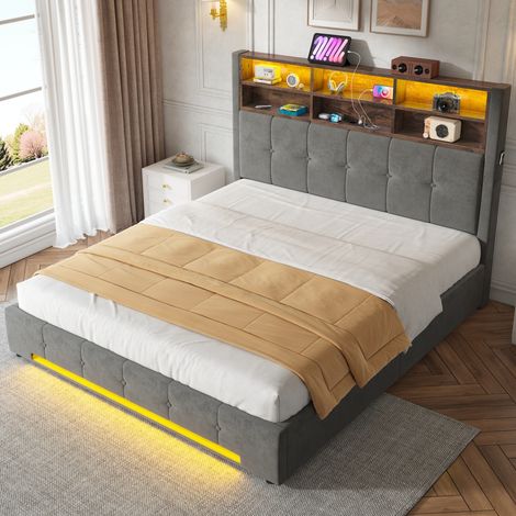 Lit 160x200 cm en velours avec tête de lit multifonctionnelle : 6 compartiments, poches latérales, port USB-C, éclairage LED, mécanisme hydraulique et grand coffre anti-poussière sous le sommier – sol (1/5)