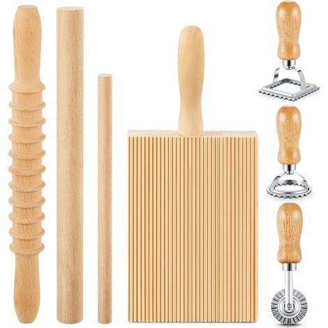Ensemble de 7 pièces en bois pour pâtes et gnocchis – comprenant une planche à gnocchis, un rouleau à pâtisserie et des emporte-pièces à raviolis – Idéal pour les débutants (1/4)