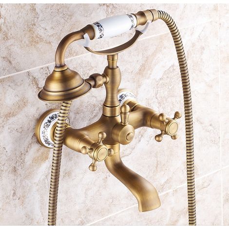 Robinet de baignoire rustique Mitigeur de bain doré antique avec douchette en laiton pour salle de bain chaude et froide réglable (or brossé) (1/4)