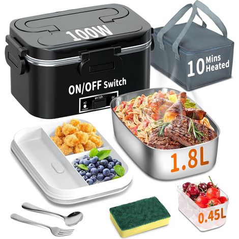 100W Portable Electric Lunch Box 3 in 1 Stainless Steel Lunch Box 12V/24V/220V Insulated Car/Truck/Office Lunch Box with Cooler Bag (Black DD, H1.8L) (1/5)