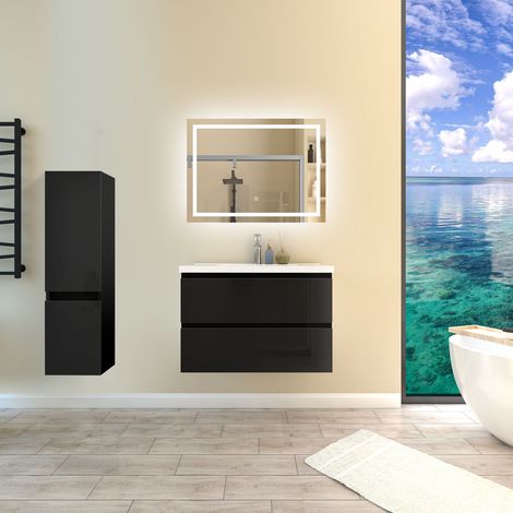 Biubiubath – Ensemble de meubles de salle de bain noir 80cm – Vasque céramique 80.5x46.5cm – Colonne 110cm avec 2 tiroirs – Miroir lumineux 80x60cm (1/5)