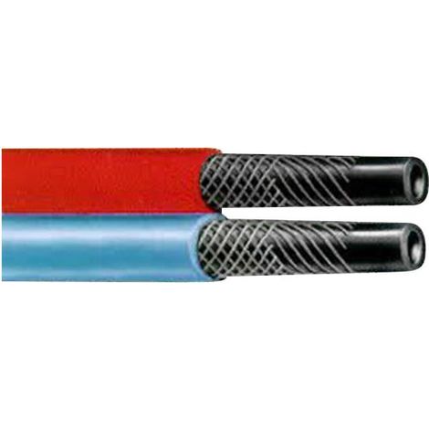 Tuyau caoutchouc bleu-rouge pour oxygène-acétylène Ø6 – Tube intérieur NR-SBR noir – Revêtement SBR lisse – Température -30° +80°C – Norme EN 559 – Soditecc