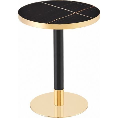 Mesa auxiliar redonda de MDF y metal negro con borde efecto mármol y acabado dorado (1/5)