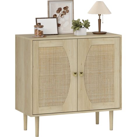 Homcom – Buffet en bois mélaminé effet bois naturel – Double portes avec façade en cannage – 80 x 38 x 79 cm – 2 compartiments avec étagère réglable
