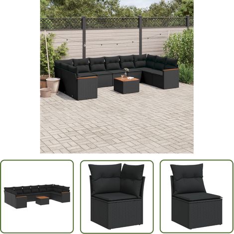 The Living Store Salon de jardin 11 pcs avec coussins noir résine tressée - Ensemble Salon De Jardin - Mobilier Extérieur - Jardin Design - Chaise Lounge - Table Basse (1/5)