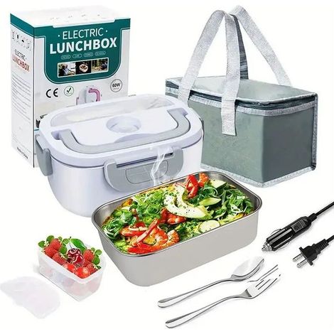 Chauffe-plats électrique pour voiture et bureau à domicile, boîte à lunch électrique en acier inoxydable pour les voyages en voiture, chauffe-plats électrique de 1,5 L avec pot et (1/2)