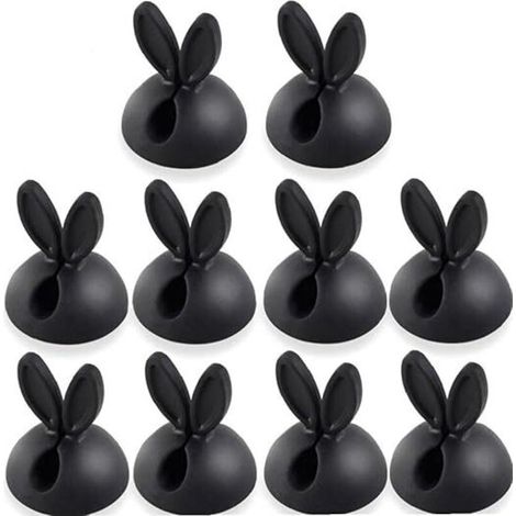 Packung mit 10 Silikon- und Viskose-Kabelclips in Hasenform für optimales Kabelmanagement im Büro (Wandmontage), schwarz. (1/4)