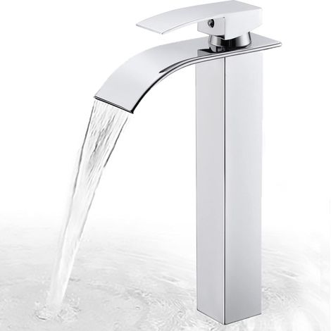 Grand robinet d'évier à cascade moderne avec eau chaude et froide disponible, robinet à cascade chromé,Robinet Cascade Silver Natural Bend - Haut (1/4)