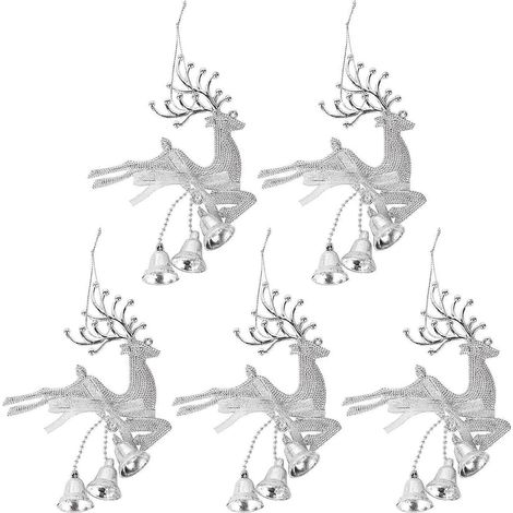 Lot de 5 décorations de Noël argentées à suspendre : clochette, pendentif en forme de renne, miniatures de Noël, ornements pour la maison, cadeaux.-20X13cm-Silver (1/3)