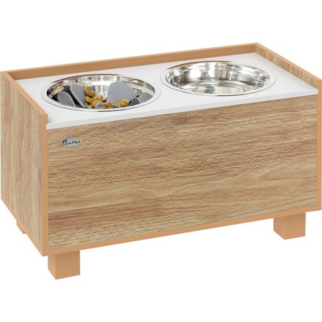 Gamelle en chêne surélevée avec distributeur amovible et gamelles en inox pour eau et nourriture, accessoire design sobre pour animal pratique et élégant