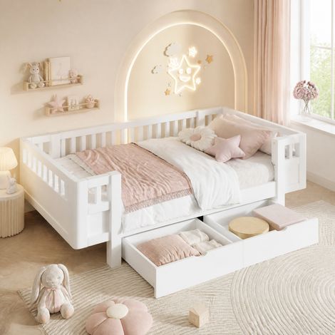 Letto singolo 90x200 con sponda alta e due cassetti, bianco HAVRYA (1/5)