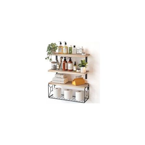 Lot de 3 Étagère Murale Bois avec Panier de Rangement en Fil métallique, étagères de Salle de Bain de pour Salle de Bain/Cuisine/Salon/Bureau, Lot de 3 + 1 (Rustique)
