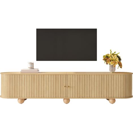 Meuble TV incurvé rétro 180x35x45 cm salon, portes coulissantes à rainures verticales et pieds boule mobilier de salon, naturel (1/5)