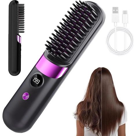 Brosse lissante sans fil – Noir – 4 températures – Céramique – Rechargeable USB-C – 20,3x4,5 cm – Tous types de cheveux (1/5)