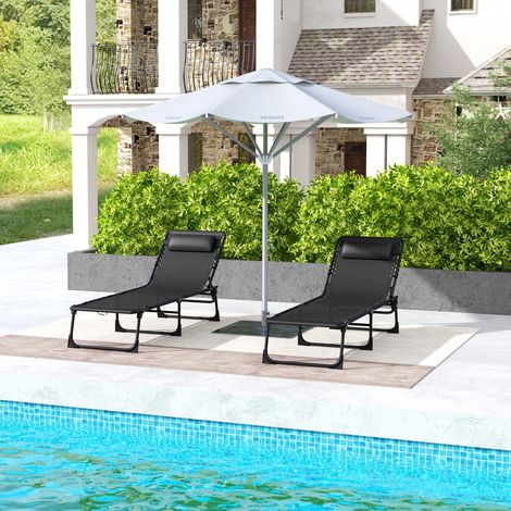Lot de 2 bain de soleil transat pliable dossier inclinable multi-positions acier lacets élastiques textilène noir