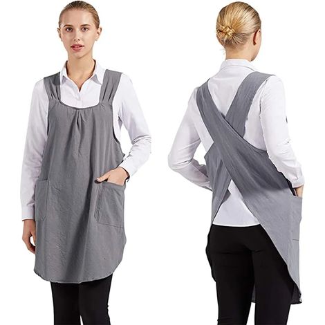 Tablier de cuisine en coton et lin, croisé dans le dos, uni, avec 2 poches, pour femme (1/5)