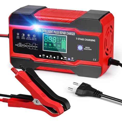 Chargeur de Batterie Voiture 10 A 12 V/24 V Chargeur pour Auto Moto Intelligent avec Écran LCD Tactile et 5 Modes Réparation Automatique Rouge (1/4)