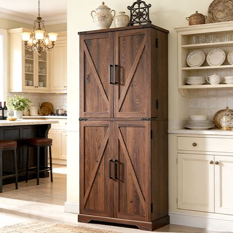 Armoire de Cuisine Style Campagnard, Colonne de Cuisine 183 cm avec Portes Coulissantes de Grange, 1 Tiroir & Étagères Réglables, Grand Rangement - Panneau de Particules Braun (1/5)
