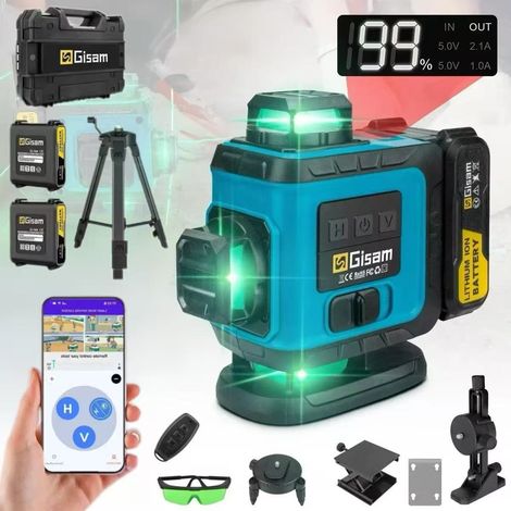 Niveau laser 4D à 16 lignes, outil de mesure laser horizontal et vertical à 360°, avec trépied, télécommande incluse, ligne verte (2 piles). (1/5)