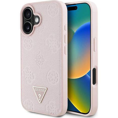 Coque MagSafe Guess rose avec logo triangulaire pivoine estampé à chaud et effet grainé pour iPhone 16 (1/5)