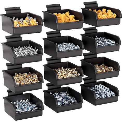 Lot de 12 bacs de rangement avec crochets pour panneaux muraux à rainuresaccessoires en plastiquebacs de rangement noirs. (1/3)