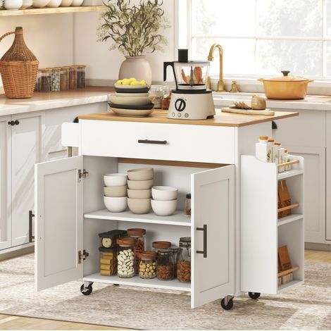 Isola da cucina su ruote con piano ribaltabile, 120 x 68 x 85 cm, bianco OKMYHOME (1/5)