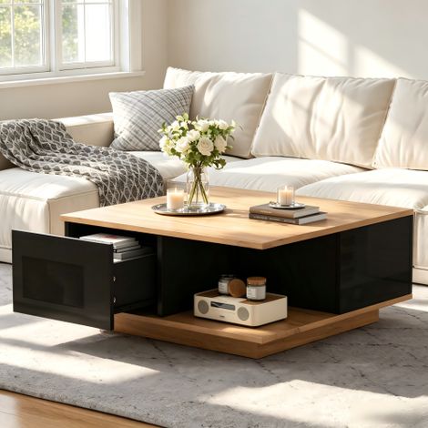 Table Basse Carrée 70x70x31,5 cm avec 3 Tiroirs, Rangement Semi-Ouvert, Panneaux de Particules, Noir et Bois (1/5)