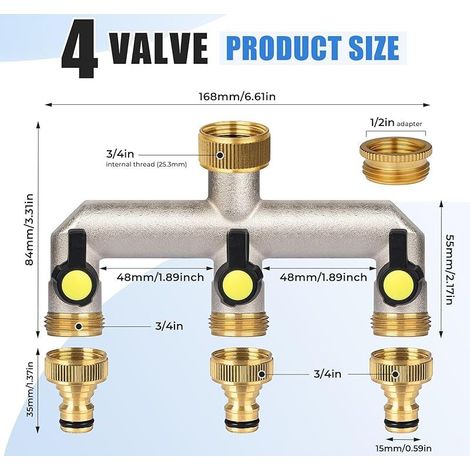 FOREHILL Distributeur ,eau 3 voies pour robinet 3/4. en laiton avec 2 raccords de robinet de 3/4. vers 1/2. pour maison, cour, machine à laver, tuyaux ,arrosage (1/5)
