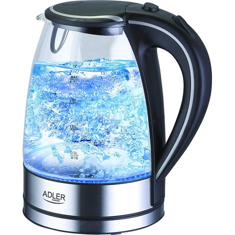 Adler AD1225 bollitore in vetro e acciaio inox con LED blu integrato 1,7 litri di capacità Potente 2000 Watt Té automatica Bollitore elettrico design con arresto automatico (1/5)
