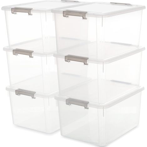 Lot de 6 grandes boîtes de rangement de 30 l avec couvercle, empilables, en plastique, pour garage, armoire, salle de classe, cuisine, 45,5 x 33,5 x 27 cm (L x l x H) (1/5)