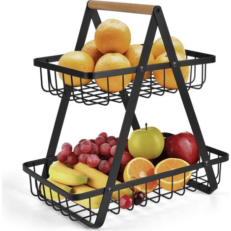 Présentoir à fruits à 2 étages - Corbeille à fruits moderne - Corbeille à fruits pratique en métal pour pain, légumes, collations, étagère d'angle debout - Rangement de cuisine (1/5)