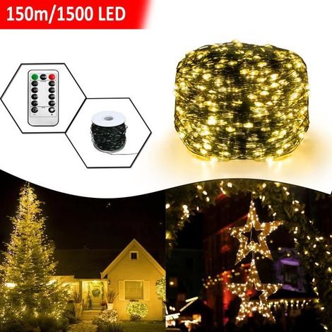 150 m guirlande lumineuse, fil de cuivre souple, 1500 LED blanc chaud, télécommande, étanche IP44, extérieur et intérieur