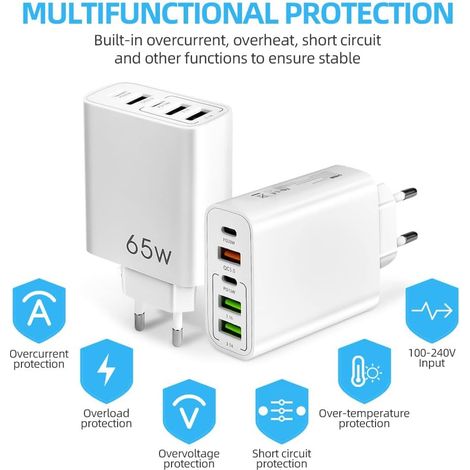 Caricabatterie USB-C da 65 W con 5 porte incluse: 2 USB-C, 2 USB e 1 QC 3.0 per iPhone 14 Pro Max, 13, 12, 11, XS, XR, 8, 7, MacBook Pro, iPad, Galaxy - ALTRI (1/4)
